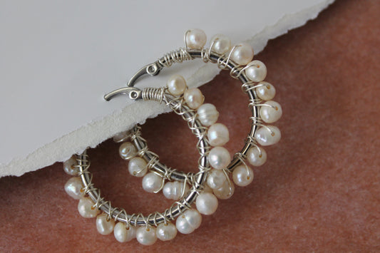 Pearl Silver Hoop